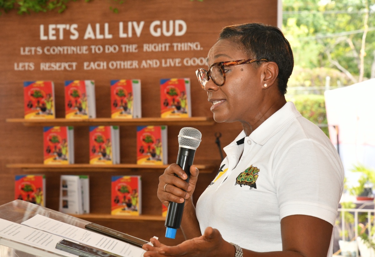 Minister of State in the Ministry of National Security, Hon. Juliet Cuthbert-Flynn, speaking at the launch of the ‘Let’s All Liv Gud’ activity book at Curphey Place in Kingston in May 2024.