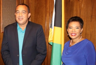Minister of Health and Wellness, Dr. the Hon. Christopher Tufton, shares a light moment with Jamaica’s Ambassador to the United States, Her Excellency Audrey Marks, during a visit to the Embassy of Jamaica in Washington DC.