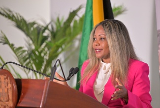 Minister without Portfolio in the Office of the Prime Minister, with responsibility for Information, Skills and Digital Transformation, Senator Dr. the Hon. Dana Morris Dixon, addressing Wednesday’s (September 18) post-Cabinet press briefing at the corporate office of business processing outsourcing firm iTel, in St. Andrew.

