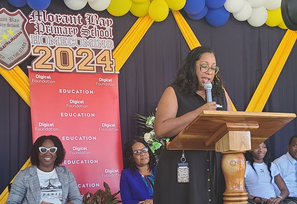 Chief Executive Officer (CEO) of the Digicel Foundation, Charmaine Daniels, brings greetings at the Morant Bay Primary School’s 100th Anniversary celebrations, on Monday (October 7).

