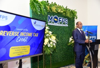 Minister of Finance and the Public Service, Dr. the Hon. Nigel Clarke, delivers remarks at the launch of the Reverse Income Tax Credit, at The Jamaica Pegasus hotel in New Kingston on Wednesday (October 2).