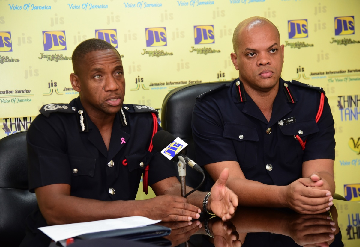 Jamaica Fire Brigade (JFB) Deputy Commissioner, Sean Martin (left), and Superintendent, Emeleo Ebanks, address a recent Jamaica Information Service (JIS) ‘Think Tank’ at the agency's head office in Kingston.

