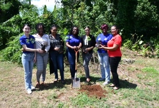 Acting Director for the Community Liaison Unit at the Bureau of Gender Affairs, Nardia McLaren (centre), leads a tree-planting exercise at the Women’s Centre of Jamaica Outreach Centre in Santa Cruz, St. Elizabeth, in observance of National Tree Planting Day, which was observed on Friday (October 4). Also taking part are (from left) Japan International Corporation Agency (JICA) volunteer at the outreach centre, Moeko Mabuchi; Counsellor at the Centre, Francesca Porteous; Counsellor at the Centre,  Janice Honeyghan; Centre Manager, Latoya Johnson-Jakkala; Records Officer at the Bureau of Gender Affairs, Rose-Anna Smith Neufville, and Rural Sociologist at the Bureau, Monique Fitzgerald.

