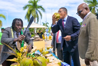 Prime Minister, Dr. the Most Hon. Andrew Holness (centre), enjoys fresh coconut water at the booth of vendor, Garth Sinclair (left), as Minister of Tourism, Hon. Edmund Bartlett (right), looks on. Occasion was Sandals Resorts International’s Mega Showcase, which was held at the Montego Bay Convention Centre in St. James on Wednesday (October 16).

