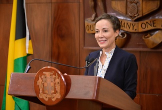 Minister of Foreign Affairs and Foreign Trade, Senator the Hon. Kamina Johnson Smith, addresses Wednesday’s (October 9) post-Cabinet press briefing at Jamaica House. 

