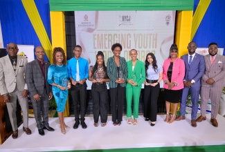 Recipients of the inaugural Emerging Youth Leaders Awards display their plaques at the ceremony held on Sunday (September 29) at the University of Technology (UTech) campus in Papine, St. Andrew. The awards recipients (from third left) are Karena Gayle, Otaine Wright, Asharee Rhodd, Gabriella Matthews, Meron McPherson and Tarini Khemlani. They are joined by (from left) Custos Rotulorum for St. Andrew, Ian Forbes; President of UTech, Dr. Kevin Brown; Acting Senior Director in the Youth and Adolescent Policy Division, Ministry of Education and Youth, Yanique Williams; Chairman of the National Youth Council of Jamaica (NYCJ), Andrew Johnson; and Deputy Chairman of the Emerging Youth Leaders Awards Committee, Rajae Danvers. The event, organised by the NYCJ, was held under the theme ‘Recognising Progress, Inspiring Greatness.’ 

