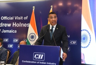 Prime Minister, Dr. the Most Hon. Andrew Holness, addresses a dinner reception on Tuesday (October 1),  during his official visit to India.

