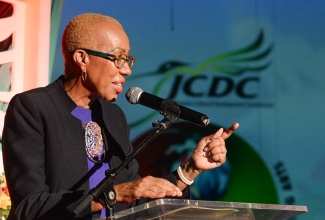 Minister of Education and Youth, Hon. Fayval Williams, addresses the Jamaica Cultural Devlopment Commission (JCDC) Marcus Garvey Awards for Excellence in the Performing Arts, on October 1, at the Little Theatre in Kingston.