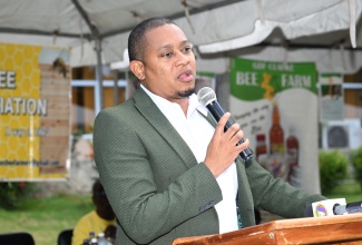 Minister of Agriculture, Fisheries and Mining, Hon. Floyd Green, addresses the St. James Bee Farmers Association's Healthy Lifestyle Day ceremony, held at the St. James RADA Office in Catherine Hall on Thursday, October 3.

