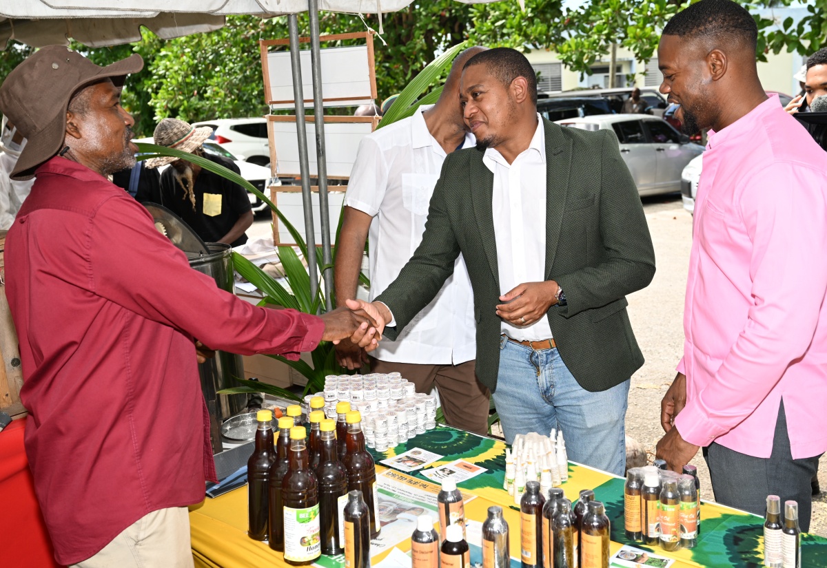 Minister of Agriculture, Fisheries and Mining, Hon. Floyd Green (second right), greets beekeeper, Glenwick Clarke (left), at the St. James Bee Farmers Association's Healthy Lifestyle Day, held at the St. James RADA Office in Catherine Hall, on Thursday, October 3. At right  is Mayor of Montego Bay and Chairman of the St. James Municipal Corporation, Councillor Richard Vernon.

