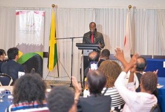 Minister of State in the Ministry of Foreign Affairs and Foreign Trade, Hon. Alando Terrelonge, delivers remarks during Friday’s (October 11) Japan Exchange and Teaching Programme Alumni Association (JETAA) Jamaica Conference, held at The Jamaica Pegasus hotel in New Kingston.

