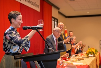 Minister of Foreign Affairs and Foreign Trade, Senator the Hon. Kamina Johnson Smith (left), raises a toast, during Sunday’s (Oct.13) Jamaica China Friendship Association annual banquet, held at The Jamaica Pegasus hotel in New Kingston.

