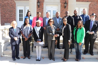 Jamaica’s Ambassador to the United States, Her Excellency Audrey Marks (third right, first row), is welcomed to the town of Windsor in Hartford, Connecticut, by Mayor, Nuchette Black-Burke, on November 1. Sharing the welcome are Windsor Council members, employees and residents.  

