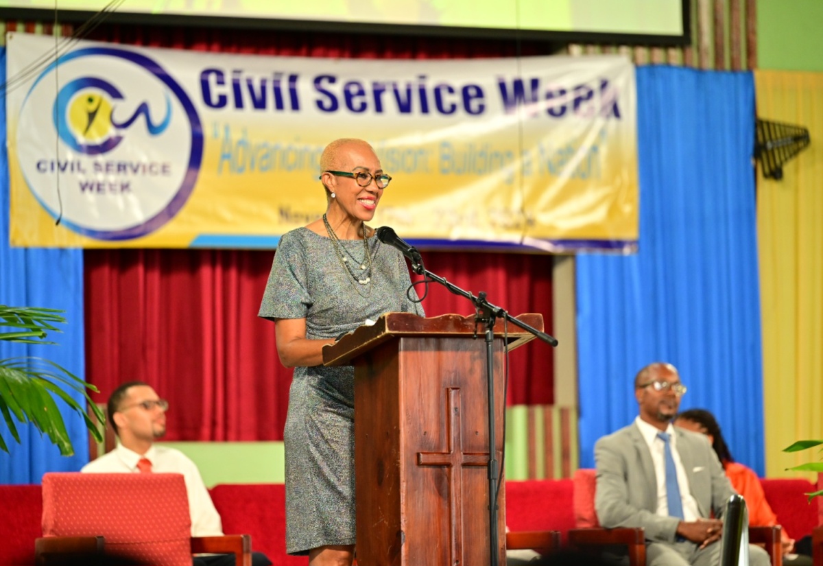 Minister of Finance and the Public Service, Hon. Fayval Williams, addresses the congregation at the Church of the Open Bible, Washington Boulevard, Kingston, during Sunday’s (November 17) service to launch Civil Service Week 2024.