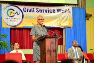 Minister of Finance and the Public Service, Hon. Fayval Williams, addresses the congregation at the Church of the Open Bible, Washington Boulevard, Kingston, during Sunday’s (November 17) service to launch Civil Service Week 2024.