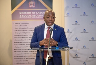 Minister of Labour and Social Security, Hon. Pearnel Charles Jr., addresses the launch of the Social Protection for Increased Resilience and Opportunity (SPIRO) Project, at the ROK Hotel in downtown Kingston on Wednesday (November 20).

