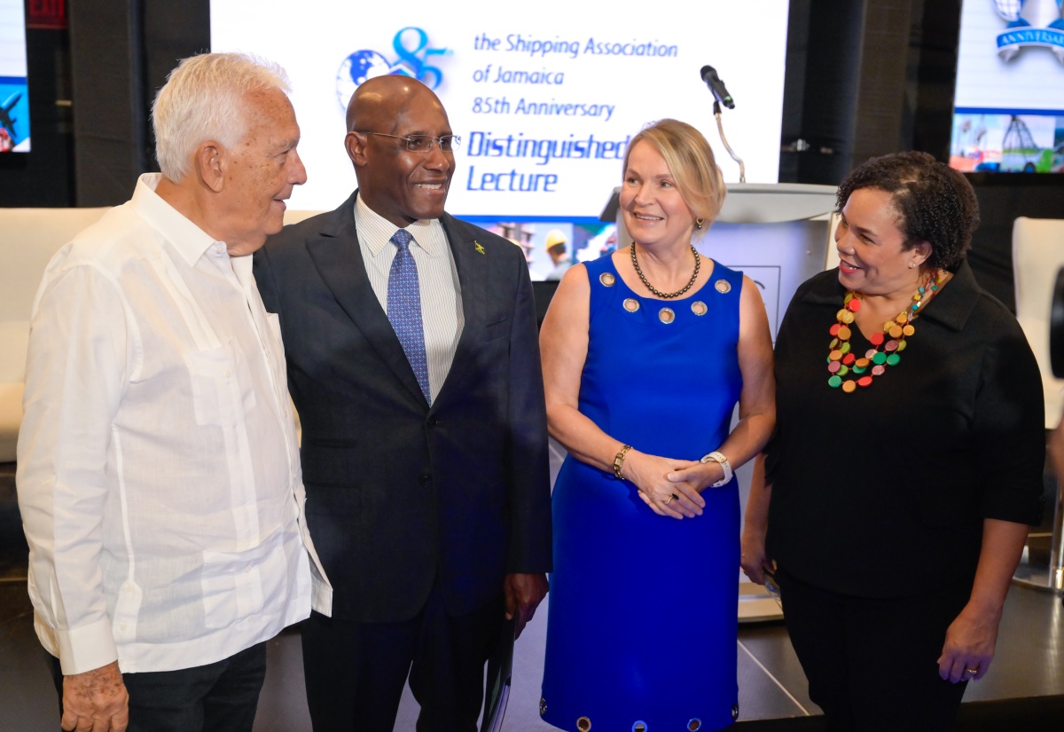 Minister of Industry, Investment and Commerce, Senator the Hon. Aubyn Hill (second left), with (from left): Executive Chairman, Jamaica Fruit and Shipping Company, Charles Johnston; European Union (EU) Ambassador to Jamaica, Her Excellency Dr. Erja Askola, and Shipping Association of Jamaica (SAJ) President, Corah Ann Robertson-Sylvester, during the SAJ’s 85th Anniversary Distinguished Lecture at the AC Hotel by Marriott Kingston on Friday (November 1).
