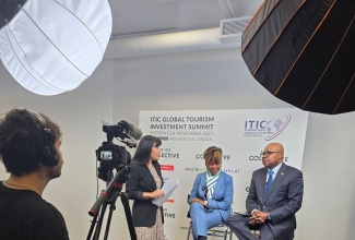 Tourism Minister, Hon. Edmund Bartlett (r) and Sierra Leone Tourism Minister, Hon. Nabeela Farida Tunis being interviewed by BBC Travel Presenter Carmen Roberts at the International Tourism and Investment Conference (ITIC) Global Tourism Investment Summit at the Queen Elizabeth II Centre in London, England, on Monday, November 4.