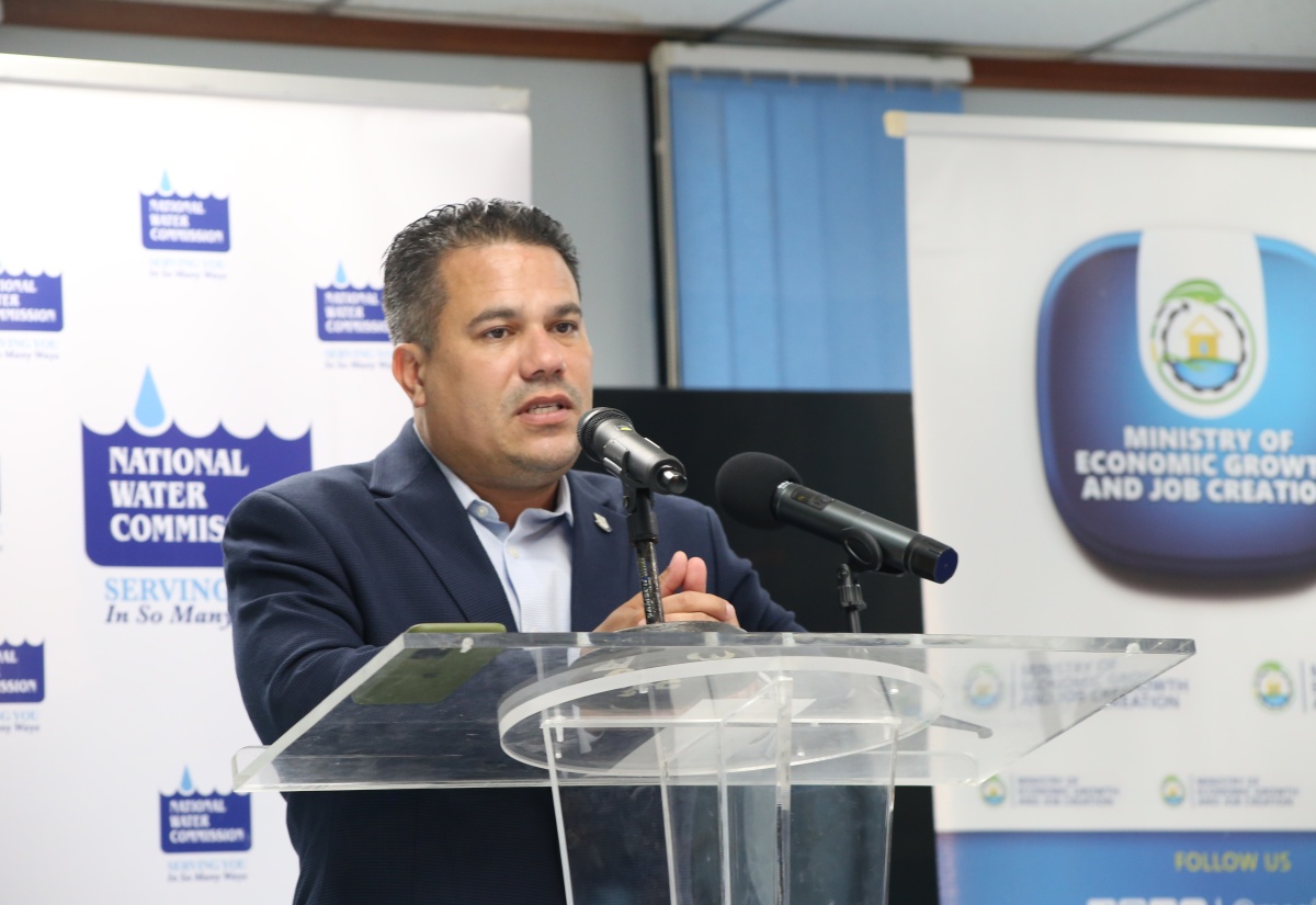 Minister without Portfolio in the Ministry of Economic Growth and Job Creation, Hon. Matthew Samuda, addresses the signing ceremony for the BREDS Loan of Generators for National Water Commission (NWC) Newell and Little Park Facilities, at the Ministry, New Kingston, on November 29.