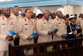 Chief of Defence Staff, Vice Admiral (VAdm) Antonette Wemyss-Gorman (right) and other military personnel participate in the Jamaica Defence Force’s Remembrance Day Church Service held at the Garrison Church of the Ascencion, Up Park Camp, Kingston today (November 10).