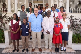 Minister of Local Government and Community Development, Hon. Desmond McKenzie (first row, third right) and Leader of the Opposition, Mark Golding (first row, third left), share a photo opportunity with Youth Mayors during a courtesy call on November 7. The Minister and Youth Mayors made the courtesy call at the Office of the Leader of the Opposition, 1 West King’s House Road, Kingston. The visit formed part of activities marking Local Government Month in November, which is intended to integrate and sensitise the youth of Jamaica about the importance of local governance.