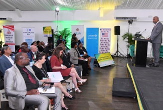 Director General of the Planning Institute of Jamaica, Dr. Wayne Henry (at podium), addresses the audience during Thursday’s (November 14) launch of the 2023 Violence Against Children and Youth Survey at the S Hotel in Kingston.

