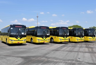 Picture of buses from the Jamaica Urban Transit Company (JUTC) that operates from the Portmore Depot in St. Catherine.