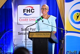 Minister of Finance and the Public Service, Hon. Fayval Williams, addresses the 20th Civil Servant of the Year Awards Ceremony at the Terra Nova All-Suite Hotel in St. Andrew on Friday (November 15).