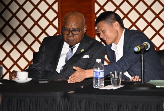 Tourism Minister, Hon. Edmund Bartlett (left), converses with Chief Executive Officer, LCH Developments, Yangsen Li, during the Branded Residence Conference at the Montego Bay Convention Centre in Rose Hall, St. James, on December 4.

