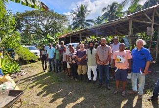 Coconut farmers in St. Mary pause for a photo opportunity after receiving fertilisers, spray packs and seedlings from the Coconut Industry Board (CIB) on December 19. 