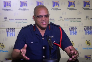 Jamaica Fire Brigade (JFB) Superintendent, Emeleo Ebanks, addresses a recent Jamaica Information Service (JIS) ‘Think Tank’ at the Agency’s head office in Kingston.
