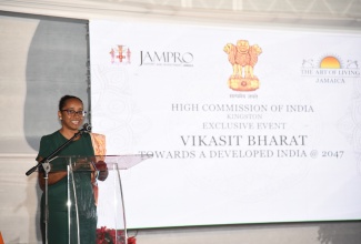 President of Jamaica Promotions Corporation (JAMPRO) Shullette Cox speaks at a Business and Ethics event held on Friday (December 13) on the lawns of India House, 2 East King’s House Road, Kingston.

