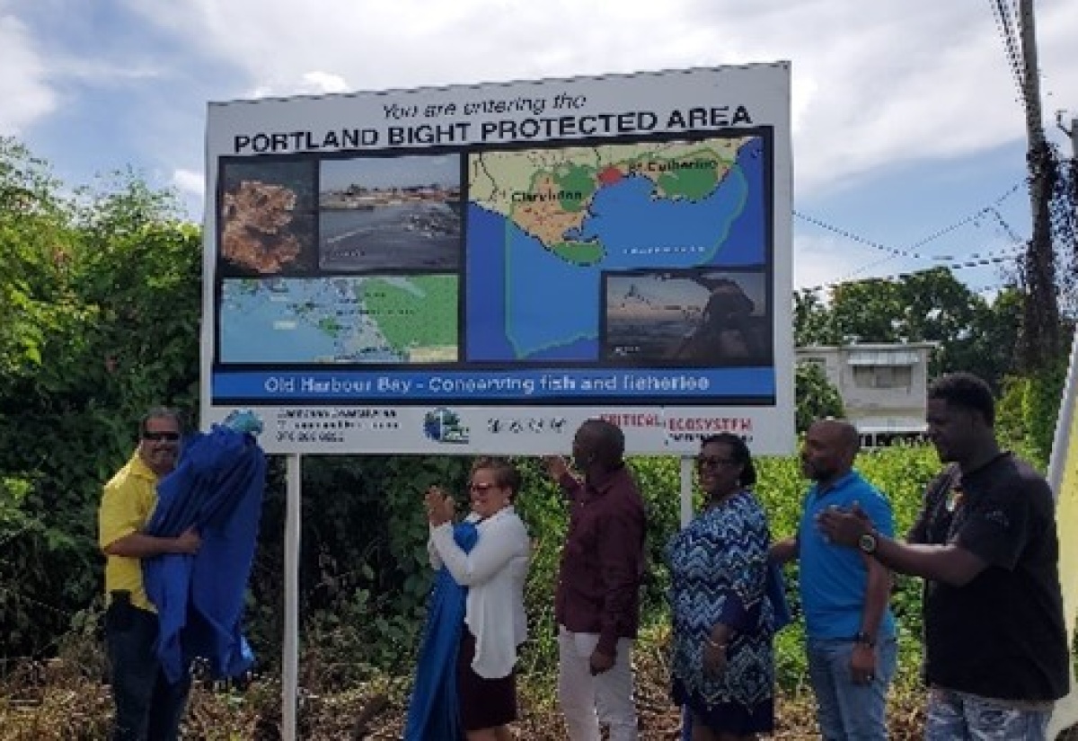 Representatives of the Caribbean Coastal Area Management Foundation (C-CAM) and Councillor for Old Harbour Bay Division, Dr. Kevin Waul (third left), unveil the newly erected Portland Bight Protected Area (PBPA) boundary sign in St. Catherine.

