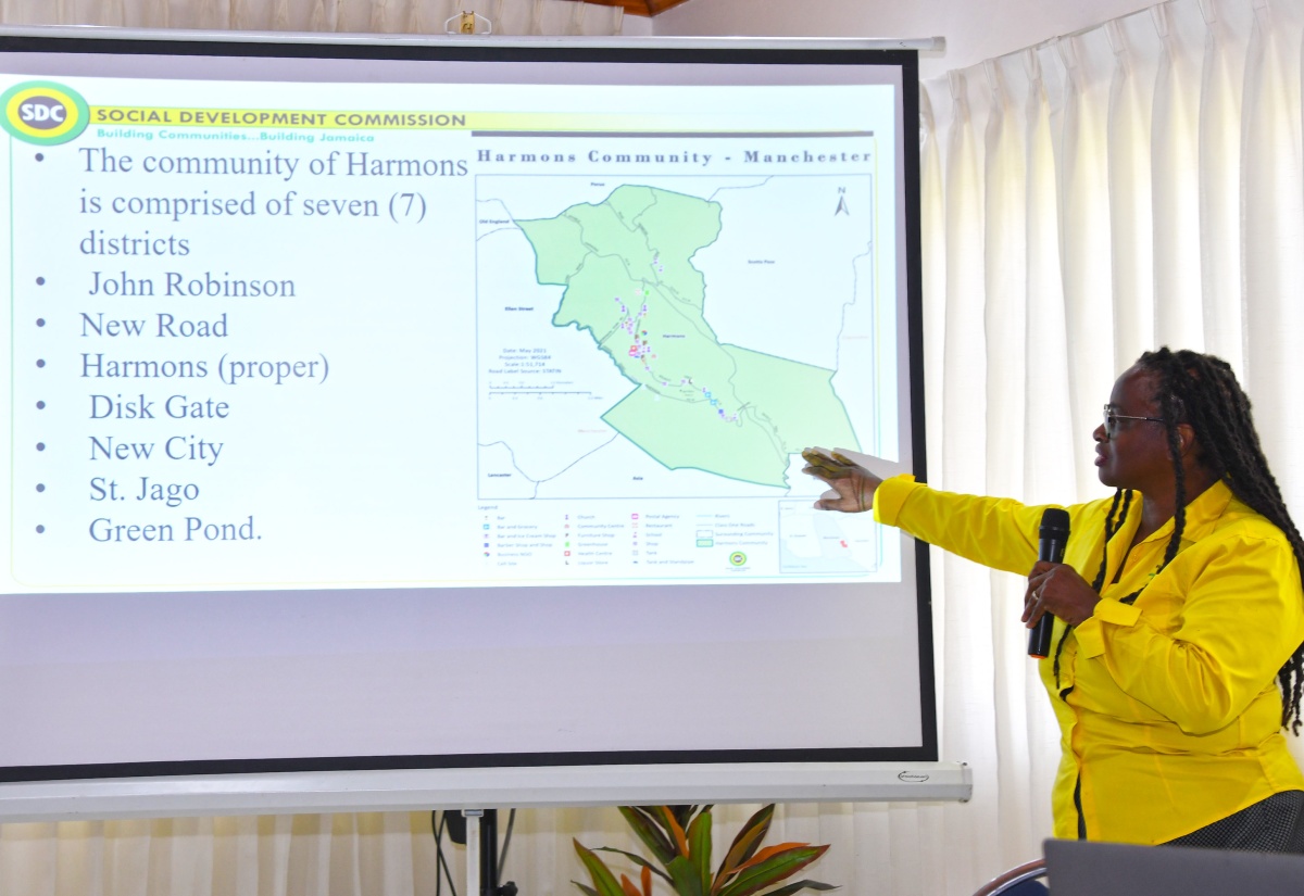 Research Coordinator with the Social Development Commission (SDC), Mrs. Stephanie Lewis Brown, points out key areas of the Harmons Valley development area during the Harmons Valley Water Project symposium held recently at Tropics View Hotel in Mandeville, Manchester.