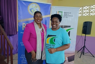 Regional Director for Region Three in the Ministry of Education, Skills, Youth, and Information, Karlene Segree (left), shares a moment with Senior Legal Education Officer in the Legal Education Division of the Ministry of Legal and Constitutional Affairs, Julia Wedderburn, during a Road to Republic School Engagement Session at St Hilda’s High School in Brown’s Town, St Ann, on Thursday (December 5).

