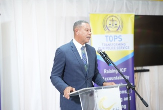 Deputy Commissioner of Police (DCP), Clifford Blake, addresses the Jamaica Constabulary Force (JCF) Area 2 Transforming Our Police Service (TOPS) Awards Ceremony at Cardiff Hotel & Spa in Runaway Bay, St. Ann, on November 27.


