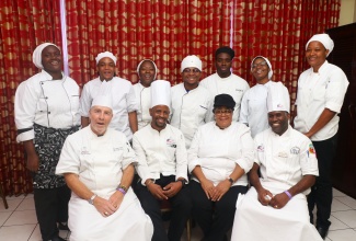All seven students who took the recent American Culinary Federation’s Culinarian Certification (CC) Level examination at the Montego Bay Community College’s Culinary Lab achieved passing grades, earning their certification under the guidance of a four-member evaluation team. The newly certified chefs (standing from left) are Rianna Wright, Reynardo Wallace, Jevanae Jones, Dylan Elliott, Leian Simpson, Deshantae Barrett and Tanisha Brown. Seated (from left) are their evaluators: Executive Chef Professor Sam Glass, Executive Pastry Chef Dexter Singh, Certified Culinary Educator Elaine Davis, and Executive Chef Andre Ellis.