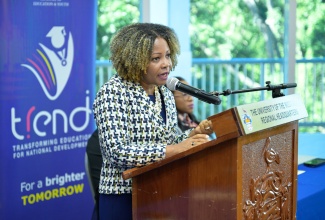 Minister of Education, Youth, Skills and Information, Senator Dr. the Hon. Dana Morris Dixon, addresses the quarterly press conference of the Education Transformation Oversight Committee (ETOC), held at the University of the West Indies (UWI) Regional Headquarters in St. Andrew on Friday (January 17). 