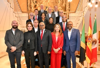 Joan Trian Riu, Managing Director of Riu Hotels & Resorts; Sabina Fluxà Thienemann, Vice Chairman and CEO of Iberostar Hotels & Resorts; Hon. Edmund Bartlett, Minister of Tourism; Encarna Piñero, Global CEO of Grupo Piñero, Chair of the Board and President of Inverotel; Donovan White, Director of Tourism; L-R (second row): Roberto Cabrera, Chairman, Princess Hotels & Resorts; Chevannes Barragan De Luyz, Europe Business Development Manager, Jamaica Tourist Board (JTB); Delano Seiveright, Senior Advisor and Strategist, Ministry of Tourism. L-R (third row): Manel Vallet Garriga, CEO, Catalonia Hotels and Resorts; Fiona Fennell, Public Relations and Communications Manager, JTB; L-R (forth row): Abel Matutes, President, Palladium Hotel Group; José A. Fernández de Alarcón Roca, Inverotel; Jose Luque, Director, Grupo Fuerte; Antonio Hernandez, H10 Resorts Director (top right) and other top Spanish Hotel stakeholders.