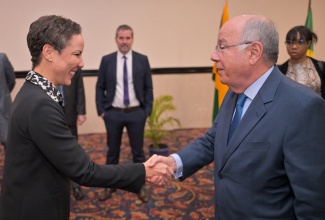 Minister of Foreign Affairs and Foreign Trade, Senator the Hon. Kamina Johnson Smith, greets Brazil’s Foreign Minister, His Excellency Mauro Vieira, during a luncheon held in his honour at the Jamaica Pegasus Hotel in New Kingston on Thursday (January 23). The visiting Minister arrived in Jamaica on Wednesday (January 22) for talks aimed at strengthening diplomatic relations and furthering preparations for enhanced technical cooperation ahead of the second staging of the Jamaica-Brazil Joint Commission, to be hosted by Brazil.

