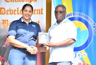 Acting Director of Product Development and Community Tourism at the Tourism Product Development Company (TPDCo), Kerry- Ann Lowe Mullings, presents Pastor of the Catadupa Christian Fellowship Church, in St. James, for his contributions to the Catadupa community. Occasion was the Sam Sharpe Day Celebrations, held in the community, on December 27.