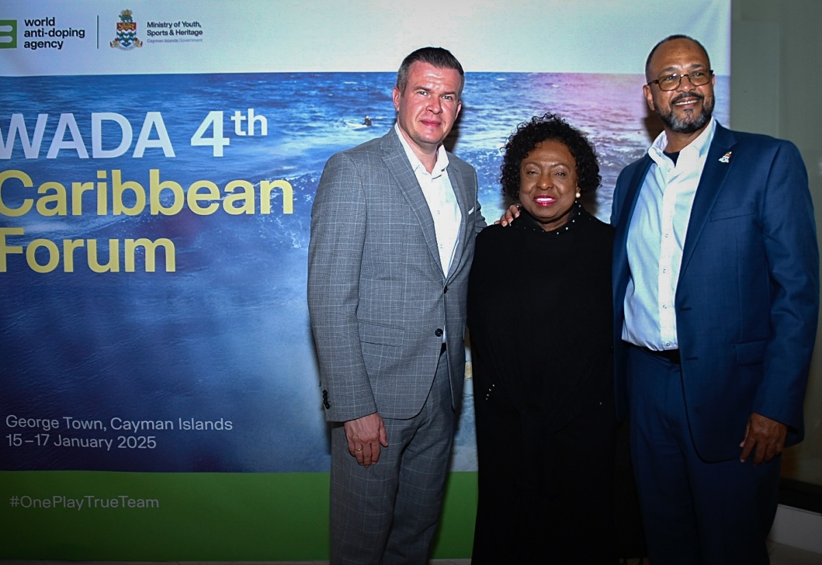 Minister of Culture, Gender, Entertainment and Sport, Hon. Olivia Grange (centre), and Minister of Youth, Sports and Heritage in the Cayman Islands, Hon. Isaac Rankine (right), share a photo opportunity with President, World Anti-Doping Agency (WADA), Witold Bańka, at the Opening Ceremony for the fourth Annual World Anti-Doping Agency (WADA) Forum for Sports Ministers in the Caribbean Region, at the Hotel Indigo, Grand Cayman, on January 15.

