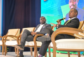 Minister of Agriculture, Fisheries and Mining, Hon. Floyd Green, addresses the 20th Jamaica Stock Exchange Investments and Capital Markets Conference held at The Jamaica Pegasus hotel in New Kingston on Thursday (January 23). At left is Minister of Agriculture, Fisheries, Marine Resources, Entrepreneurship, Cooperatives and Creative Economy, St. Kitts and Nevis, Hon. Samal Duggins.