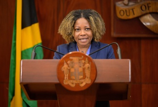 Minister of Education, Skills, Youth and Information, Senator Dr. the Hon. Dana Morris Dixon, addresses post-Cabinet press briefing at Jamaica House in St. Andrew, recently.