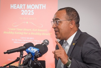 Minister of Health and Wellness, Dr. the Hon. Christopher Tufton,  delivers the keynote address during the recent Hearth Month 2025 media launch at the Terra Nova All-Suite Hotel in Kingston.

