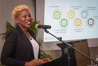 Vice President, Exports, Jamaica Promotions Corporation (JAMPRO), Sonja Linton, delivering a presentation at the Business Acceleration Centre (BAC) Accelerator Series at the Terra Nova All-Suite Hotel in Kingston on Thursday (February 6).

