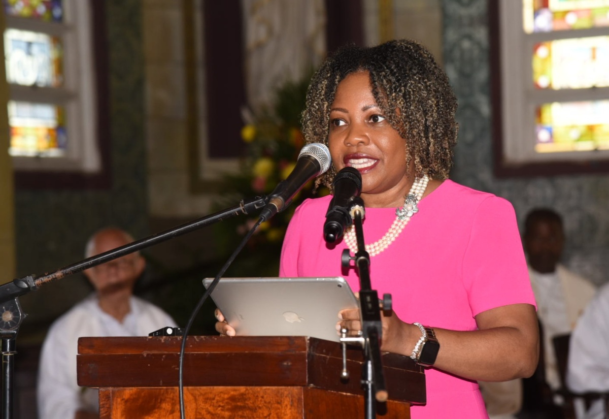 Minister of Education, Skills, Youth and Information, Senator Dr. the Hon. Dana Morris Dixon, pays tribute during Saturday’s (February 8) Thanksgiving Service for late Jessie Ripoll Primary School Principal, O’Neil Stevens, and wife, Camesha Lindsay-Stevens, at the Cathedral of the Most Holy Trinity in Kingston.