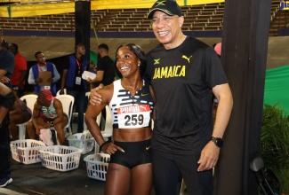 Prime Minister, Dr. the Most Hon. Andrew Holness, shares a moment with Shelly-Ann Fraser-Pryce, at the National Junior and Senior Track and Field Championships at the National Stadium in Kingston on July 9, 2023.