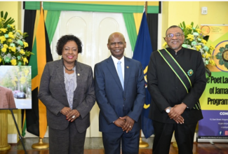 Custos Rotulorum for Kingston, Hon. Steadman Fuller (centre), and Minister of Culture, Gender, Entertainment and Sport, Hon. Olivia Grange, share a photo opportunity with Poet Laureate of Jamaica for 2025 to 2028, Professor Kwame Dawes, during the recent ceremony of investiture at King’s House.