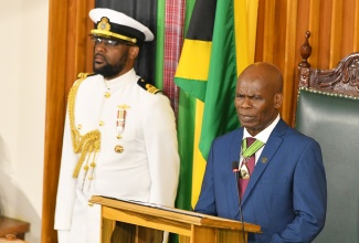 Custos of Kingston, Hon. Steadman Fuller, delivers the Throne Speech at the Ceremonial Opening of Parliament for Fiscal Year 2025/26, on Thursday (February 13), at Gordon House. Custos Fuller was deputising for Governor General, His Excellency the Most Hon. Sir Patrick Allen.

